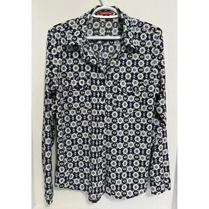 J Lamartine Women’s L Blue Print Button Front Long Sleeve Shirt Office Business